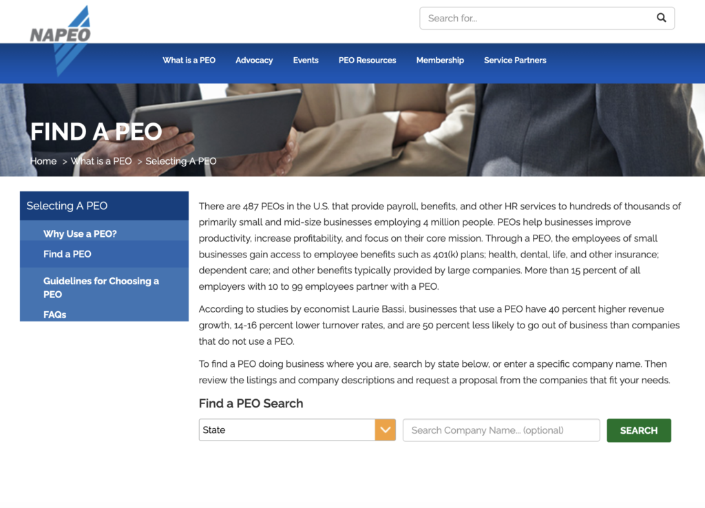Explore online PEO directories and databases such as NAPEO